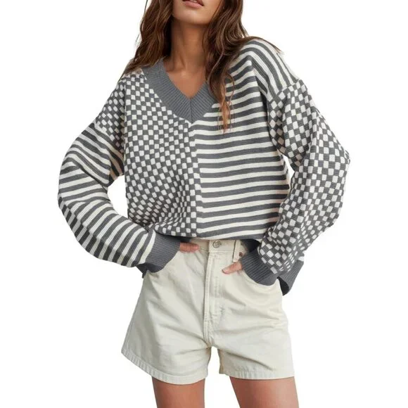 Women's Grey Striped Checkered V Neck Casual Knit Trendy Pullover Sweaters - Picture 1 of 3
